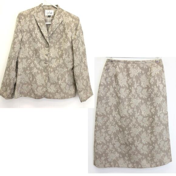 Le Suit 2 Piece Skirt Suit Size 6 Taupe Jacquard Faux Diamond Buttons - ALTERED - Picture 1 of 16